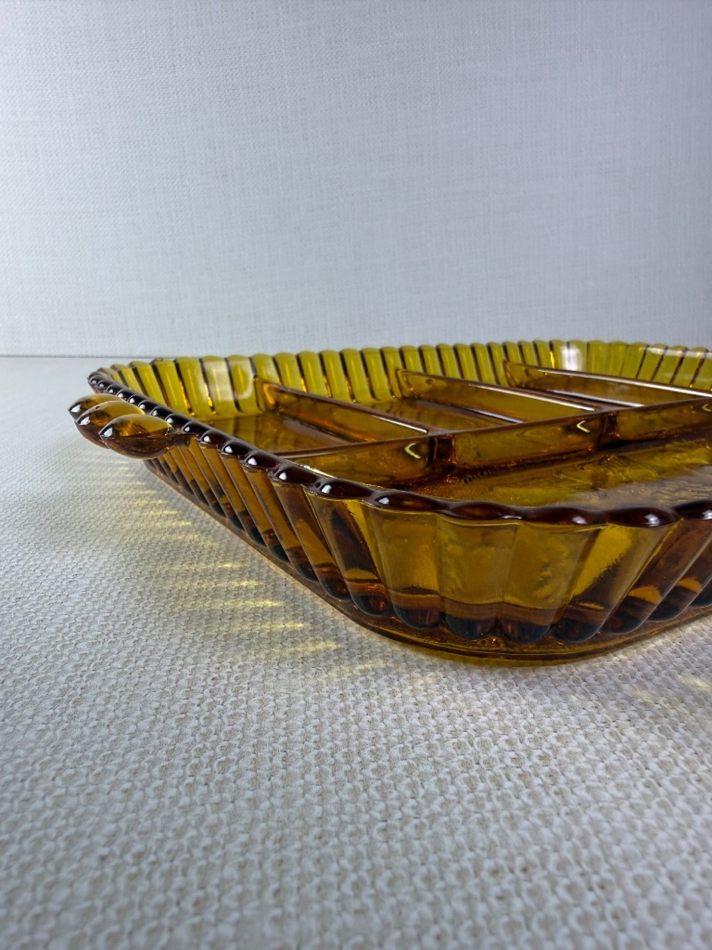 Indiana Glass "Fruits" Pattern Amber Relish Tray — 5-Section Divided Dish - Picture 6 of 9
